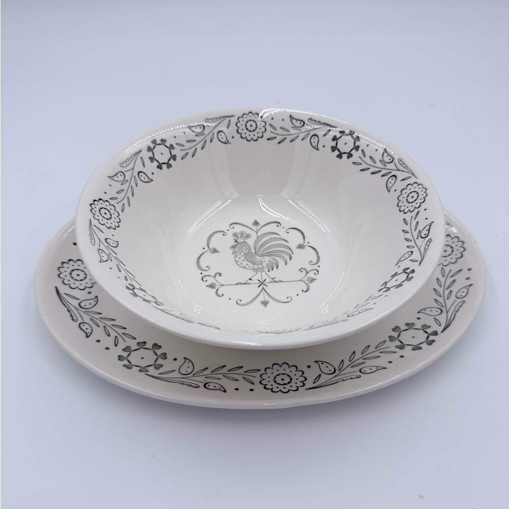 Vtg Scio Provincial Rooster Weathervane Serving Platter & Bowl Green Farmhouse